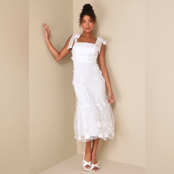 Lulu’s 3D flower embroidered tulle midi dress gown nwot